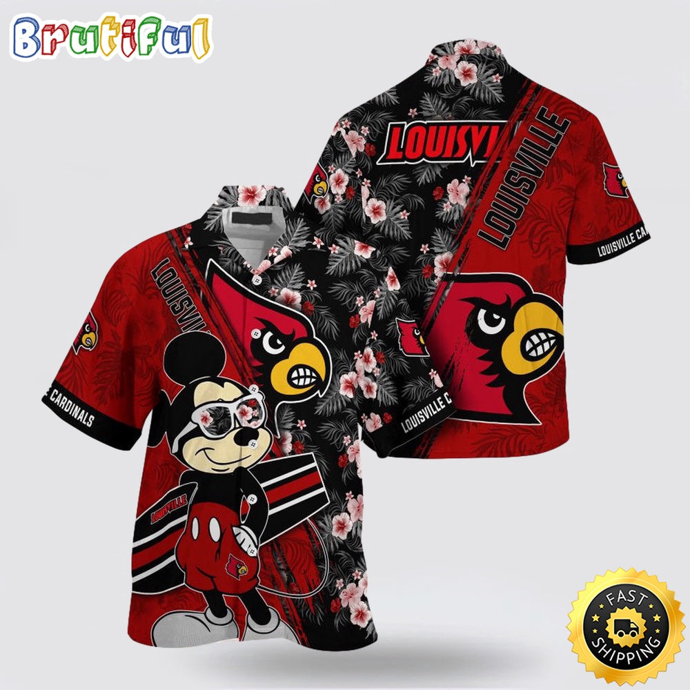 NCAA Louisville Cardinals Hawaiian Shirt Mickey And Floral Pattern