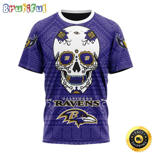 NFL Baltimore Ravens All Over Print 3D T Shirt Specialized Kits For Dia De Muertos Show Your Team Spirit