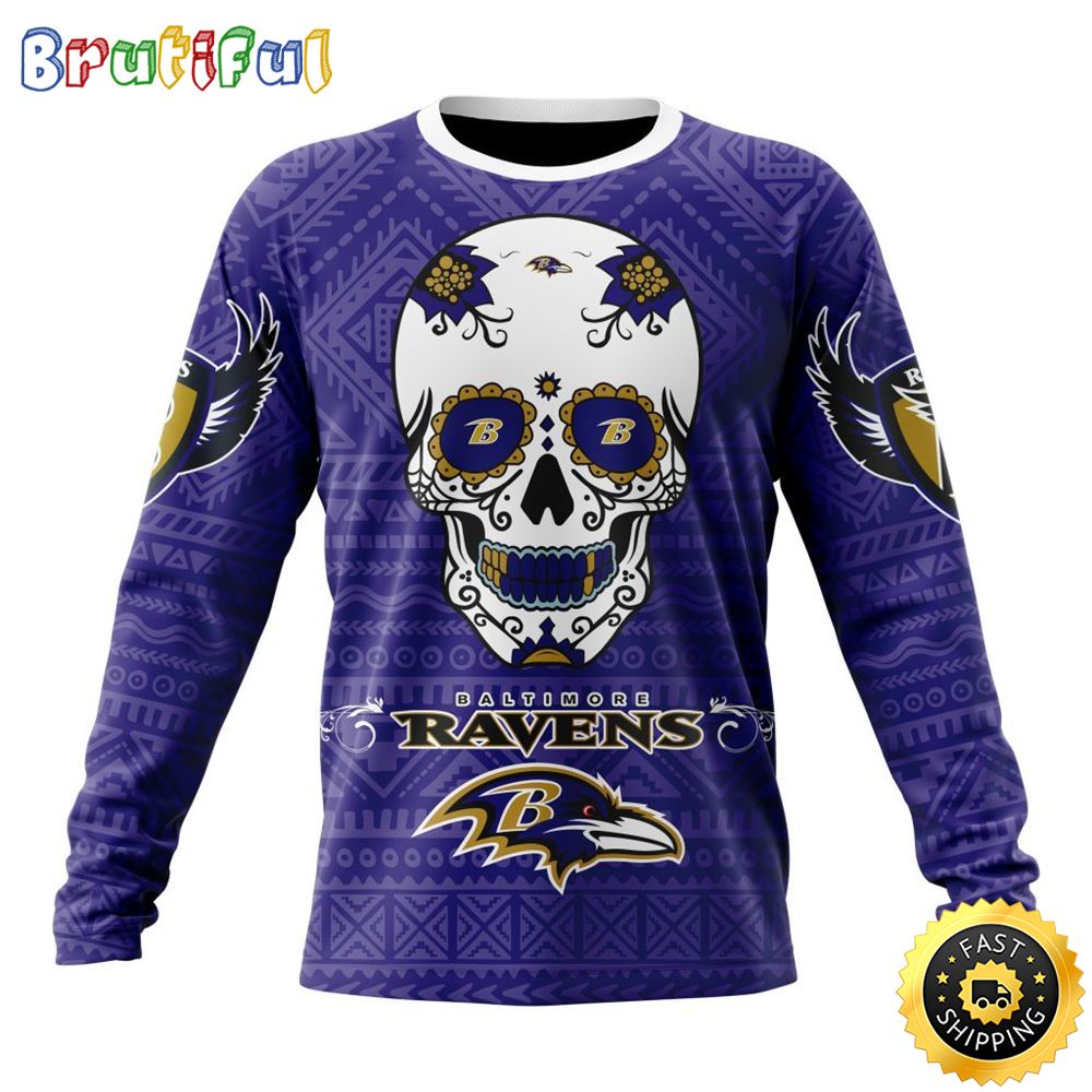 NFL Baltimore Ravens Crewneck Sweatshirt Specialized Kits For Dia De Muertos Show Your Team Spirit