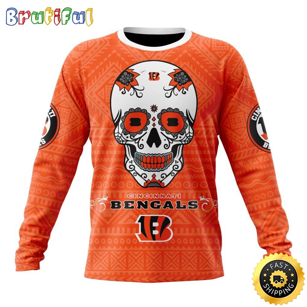 NFL Cincinnati Bengals Crewneck Sweatshirt Specialized Kits For Dia De Muertos Show Your Team Spirit
