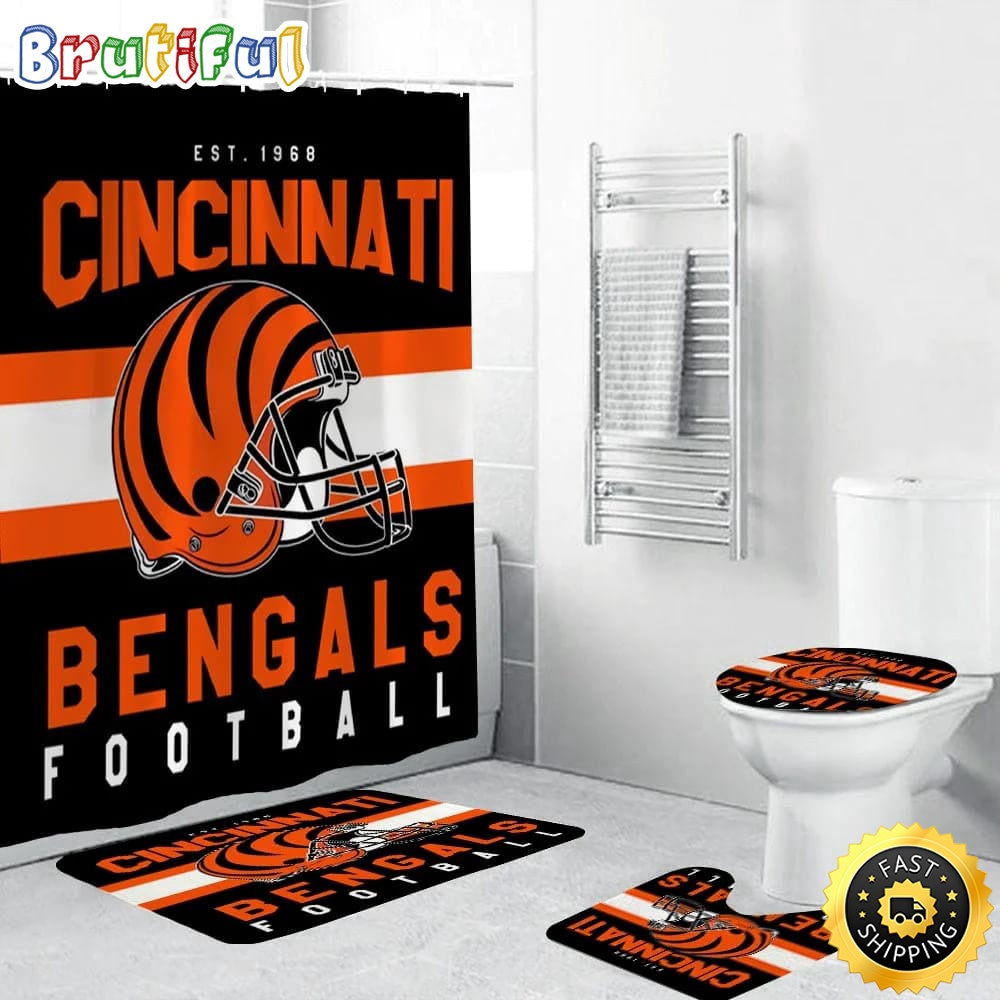 NFL Cincinnati Bengals Shower Curtain Football Bathroom Mat Set and Shower Curtain