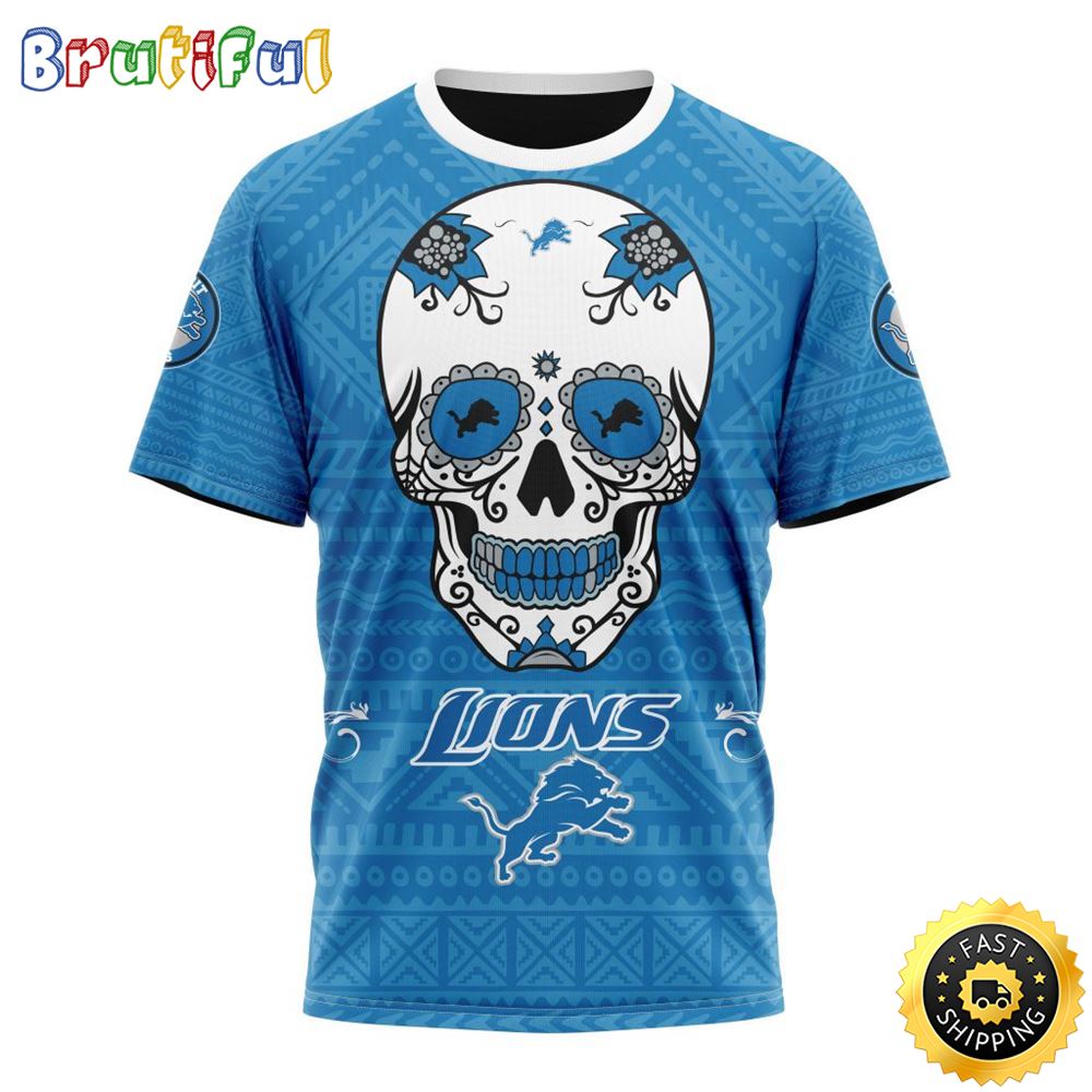 NFL Detroit Lions All Over Print 3D T Shirt Specialized Kits For Dia De Muertos Show Your Team Spirit
