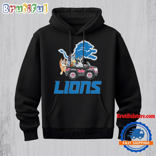 NFL Detroit Lions Special Bluey Bingo And Muffin In The Car Hoodie, Football Bluey 2D Shirt