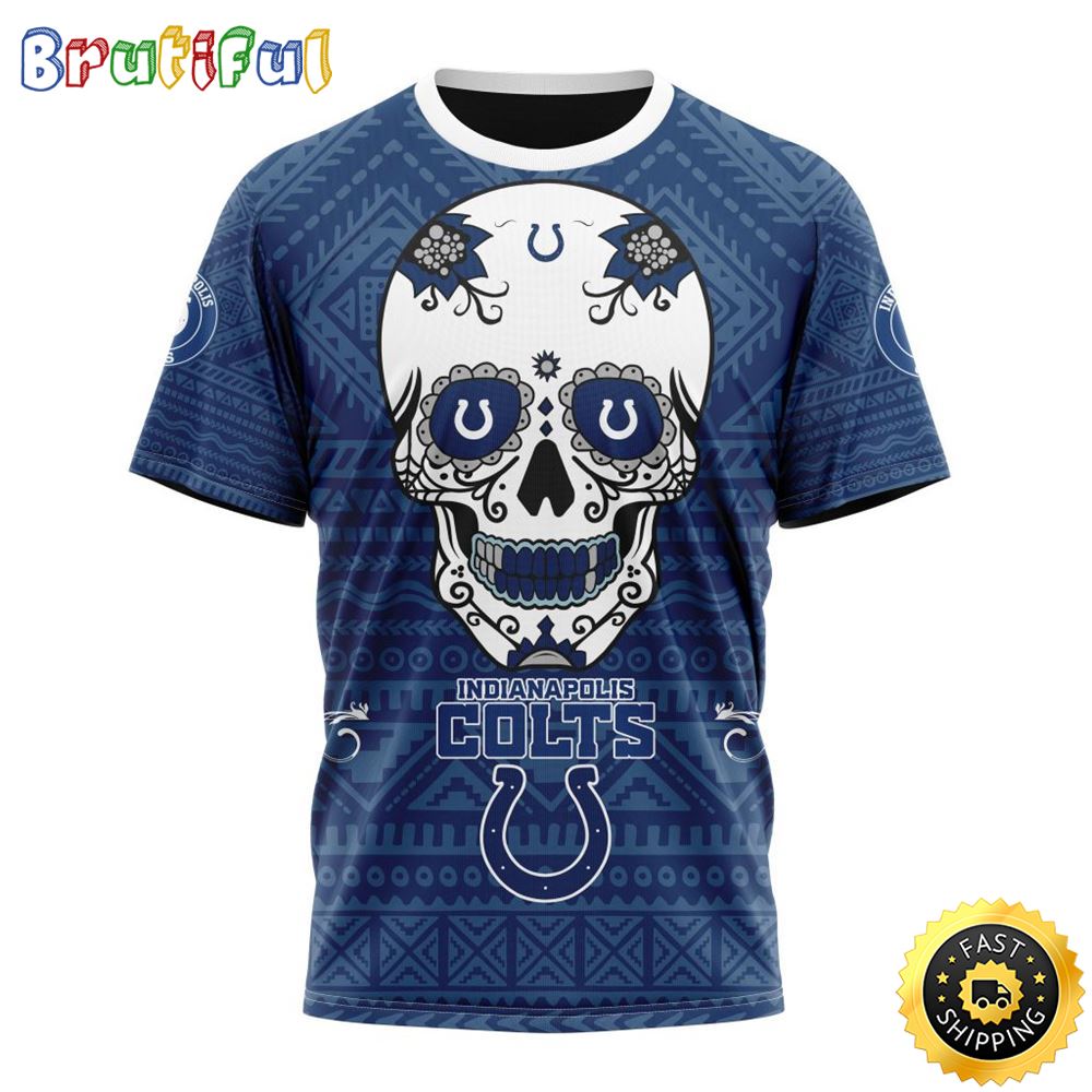 NFL Indianapolis Colts All Over Print 3D T Shirt Specialized Kits For Dia De Muertos Show Your Team Spirit