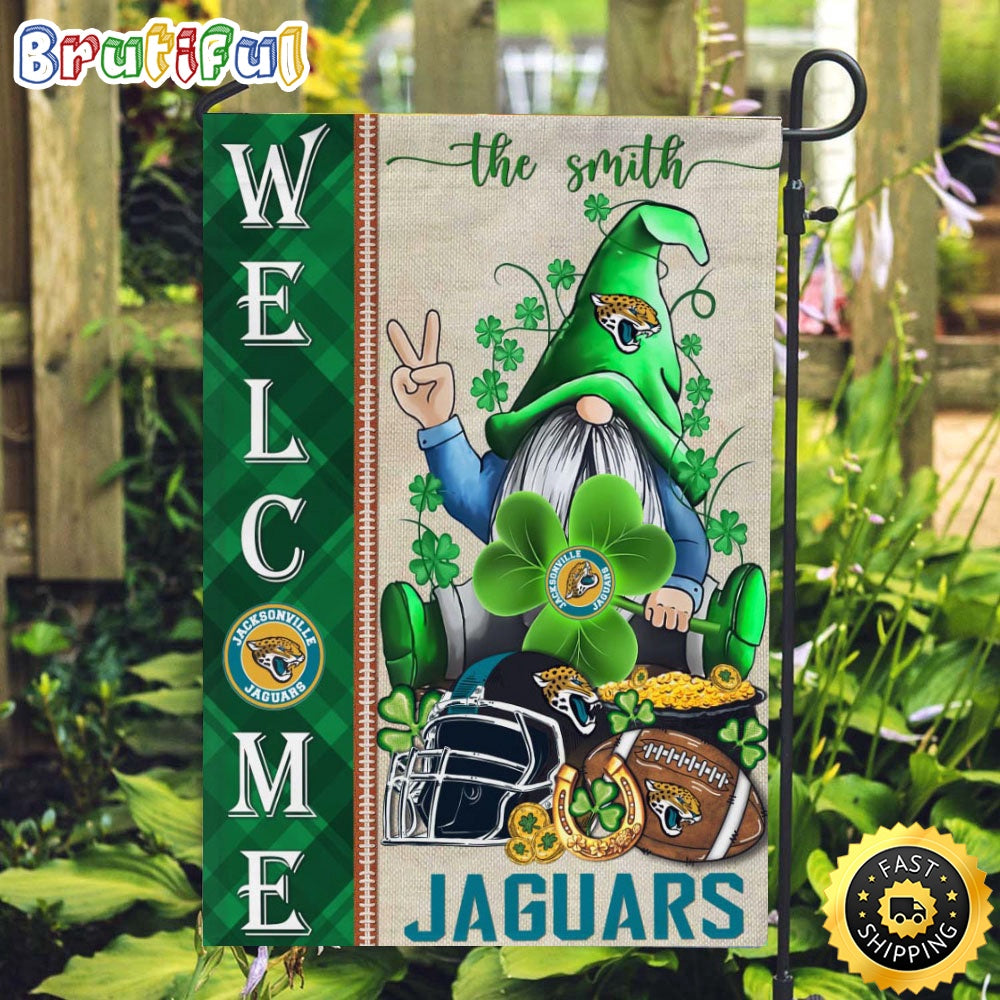 NFL Jacksonville Jaguars Garden Flag St Patricks Day Gnome Shamrock Welcome Garden Flag