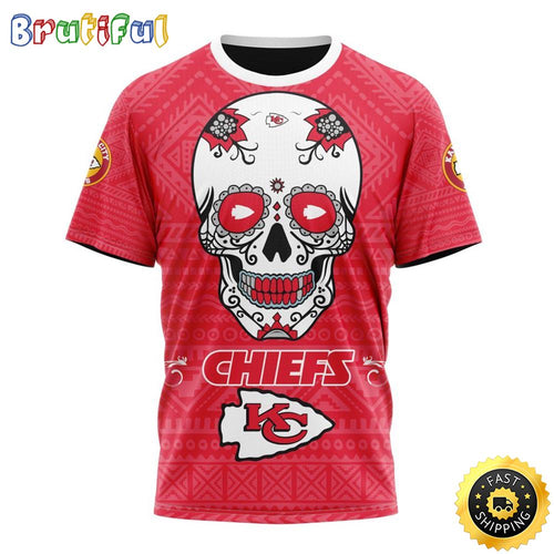 NFL Kansas City Chiefs All Over Print 3D T Shirt Specialized Kits For Dia De Muertos Show Your Team Spirit