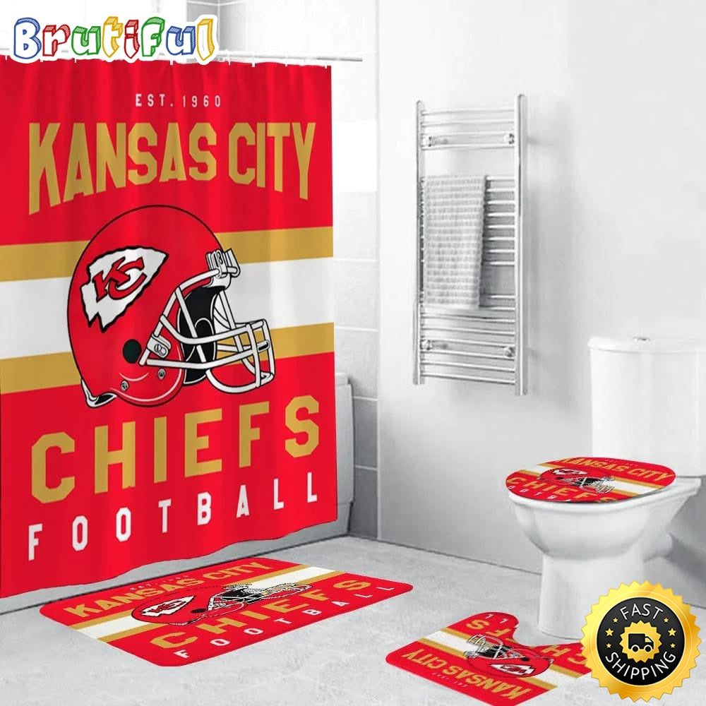 NFL Kansas City Chiefs Helmet Shower Curtain Football Bathroom Mat Set and Shower Curtain