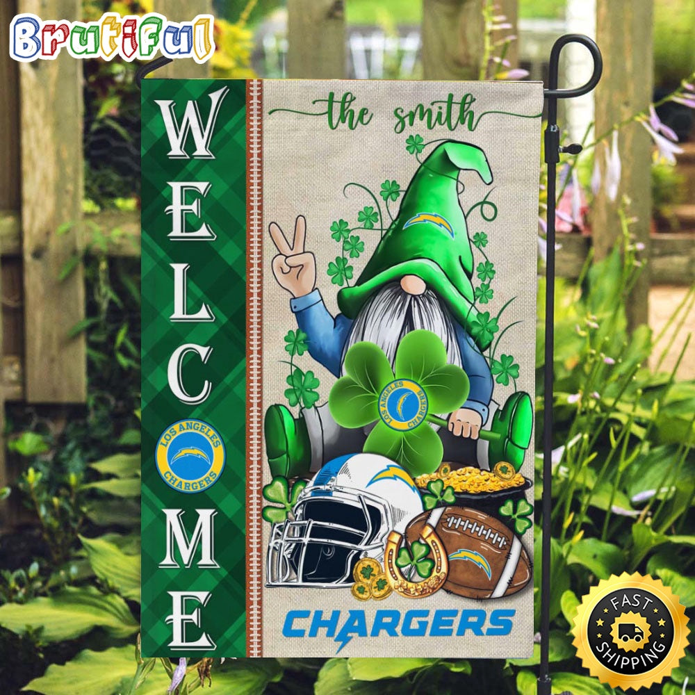 NFL Los Angeles Chargers Garden Flag St Patricks Day Gnome Shamrock Welcome Garden Flag