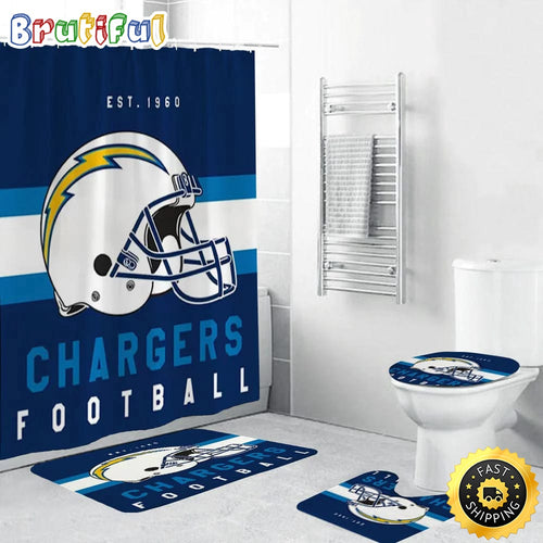 NFL Los Angeles Chargers Helmet Shower Curtain Football Bathroom Mat Set and Shower Curtain