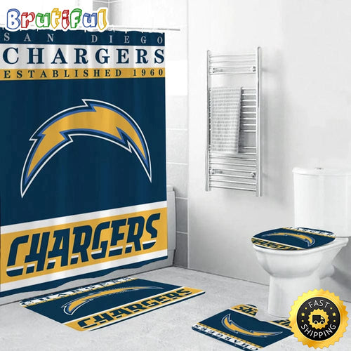 NFL Los Angeles Chargers Shower Curtain Football Bathroom Mat Set and Shower Curtain