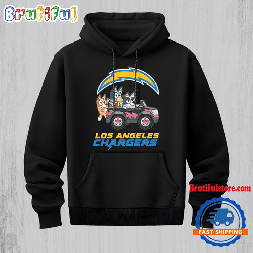 NFL Los Angeles Chargers Special Bluey Bingo And Muffin In The Car Hoodie, Football Bluey 2D Shirt