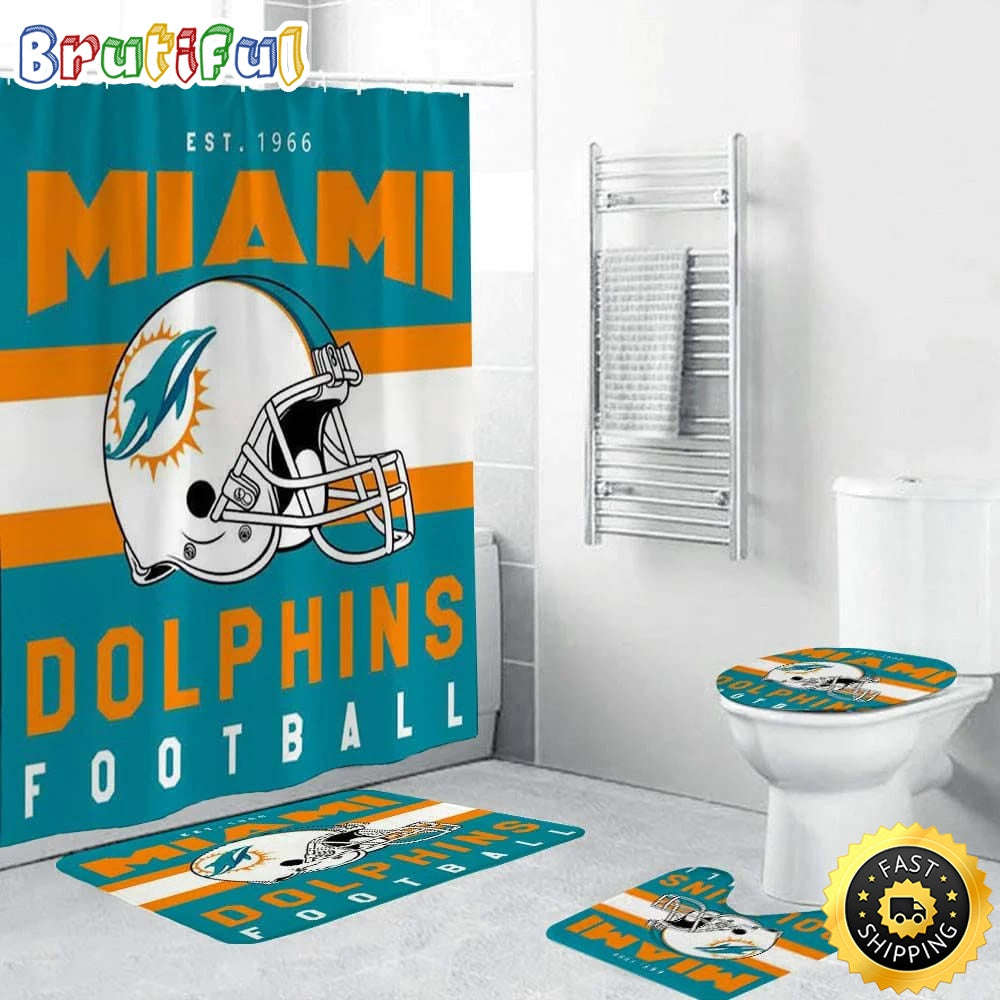 NFL Miami Dolphins Helmet Shower Curtain Football Bathroom Mat Set and Shower Curtain