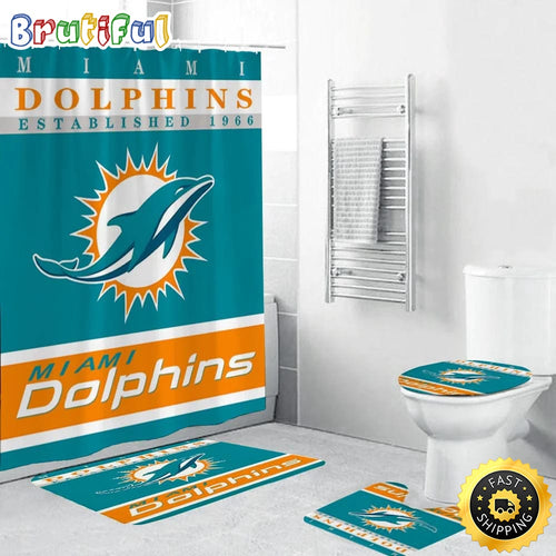 NFL Miami Dolphins Shower Curtain Football Bathroom Mat Set and Shower Curtain