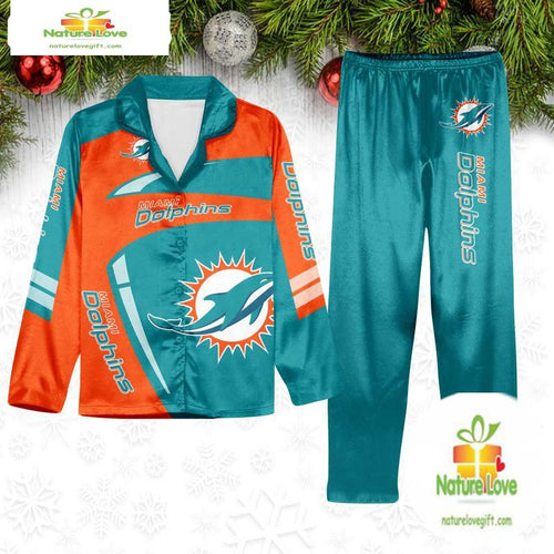 NFL Miami Dolphins Football Team Winter Satin Pajamas Set Gift for Fans