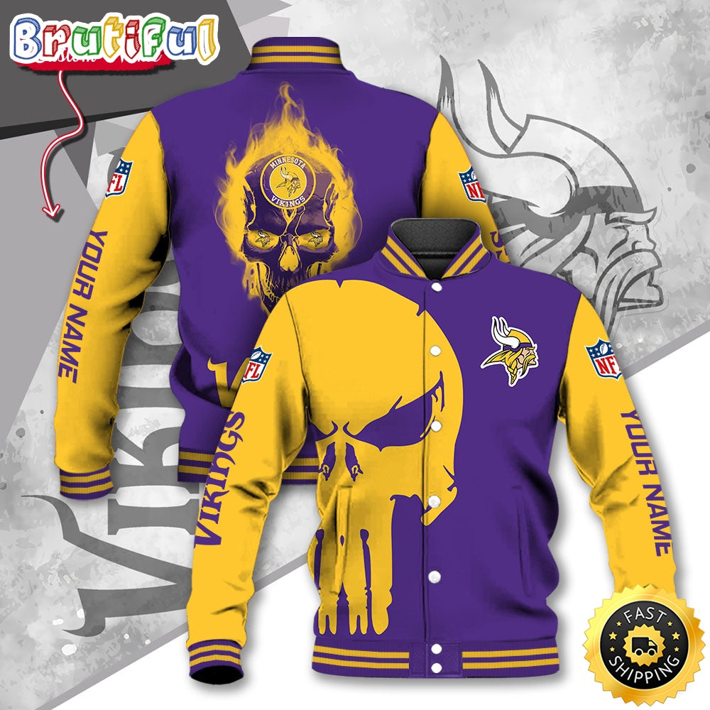 NFL Minnesota Vikings Baseball Jacket Skull Print Jacket