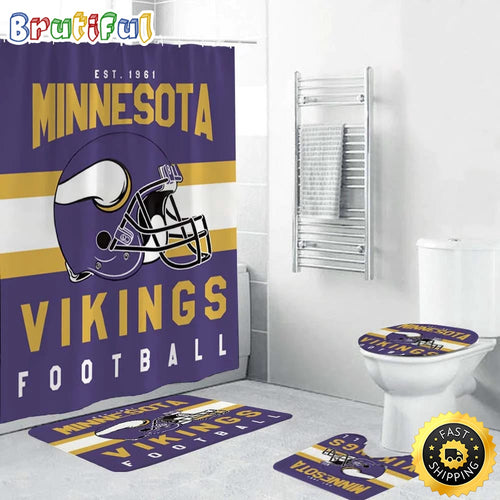 NFL Minnesota Vikings Helmet Shower Curtain Football Bathroom Mat Set and Shower Curtain