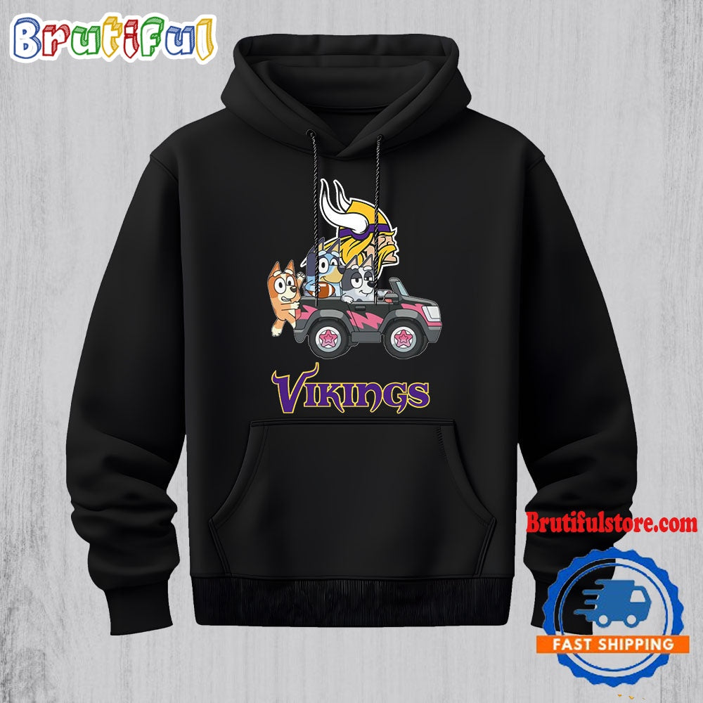 NFL Minnesota Vikings Special Bluey Bingo And Muffin In The Car Hoodie, Football Bluey 2D Shirt