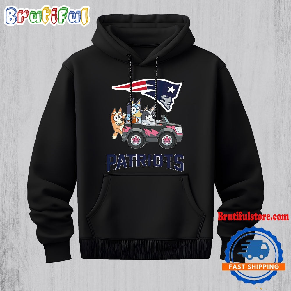 NFL New England Patriots Special Bluey Bingo And Muffin In The Car Hoodie, Football Bluey 2D Shirt