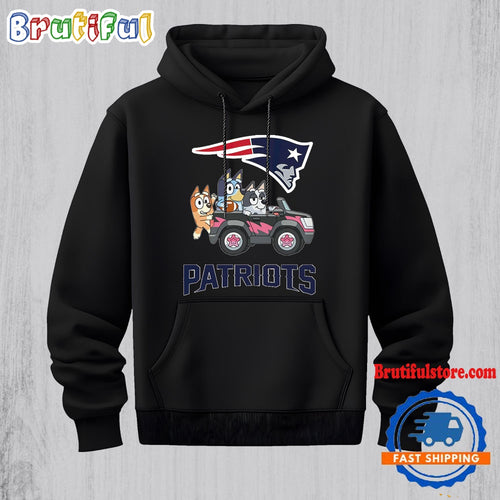 NFL New England Patriots Special Bluey Bingo And Muffin In The Car Hoodie, Football Bluey 2D Shirt