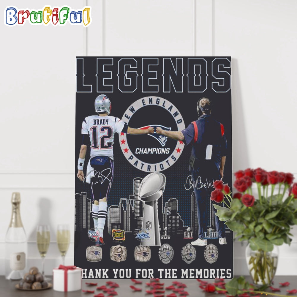 NFL New England Patriots Tom Brady And Bill Belichick Legends Champions 2024 Signature Poster Canvas