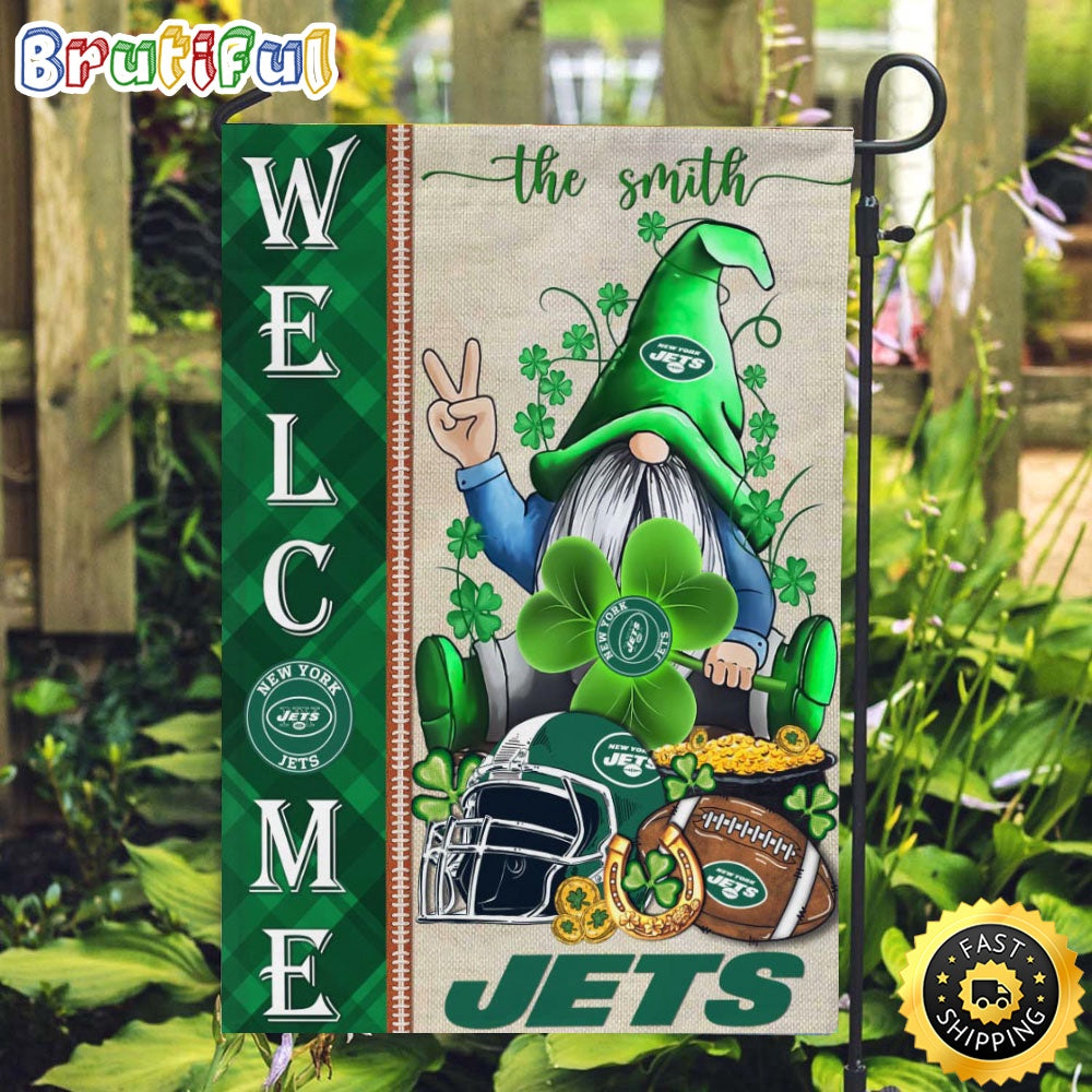 NFL New York Jets Garden Flag St Patricks Day Gnome Shamrock Welcome Garden Flag