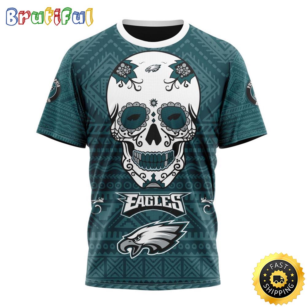 NFL Philadelphia Eagles All Over Print 3D T Shirt Specialized Kits For Dia De Muertos Show Your Team Spirit