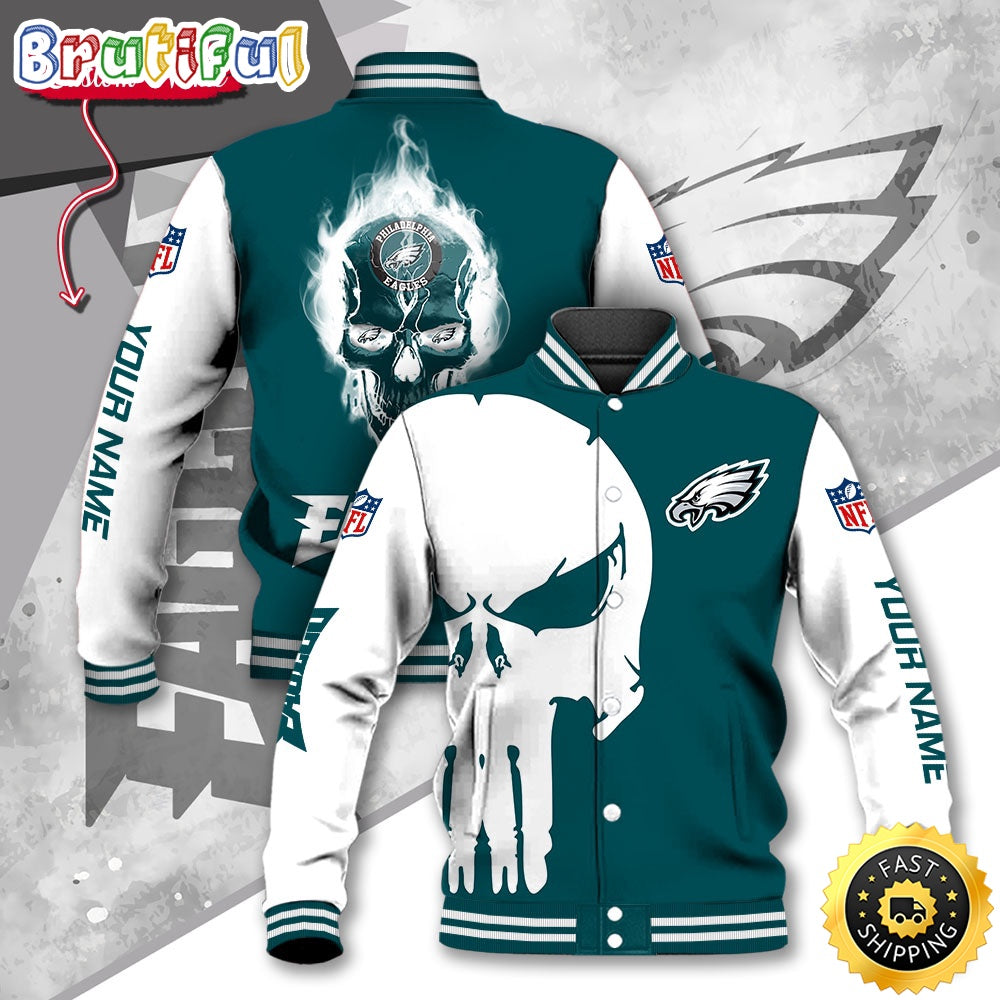 NFL Philadelphia Eagles Baseball Jacket Skull Print Jacket
