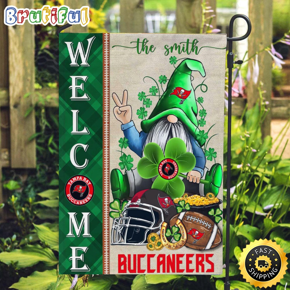 NFL Tampa Bay Buccaneers Garden Flag St Patricks Day Gnome Shamrock Welcome Garden Flag