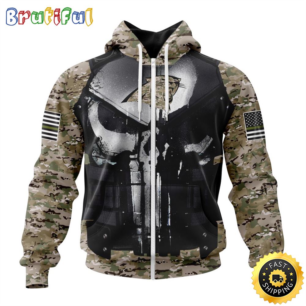 NFL Carolina Panthers Zip Hoodie 3D All Over Print Punisher Skull Camo Veteran Kits Custom Name And Number Hoodie