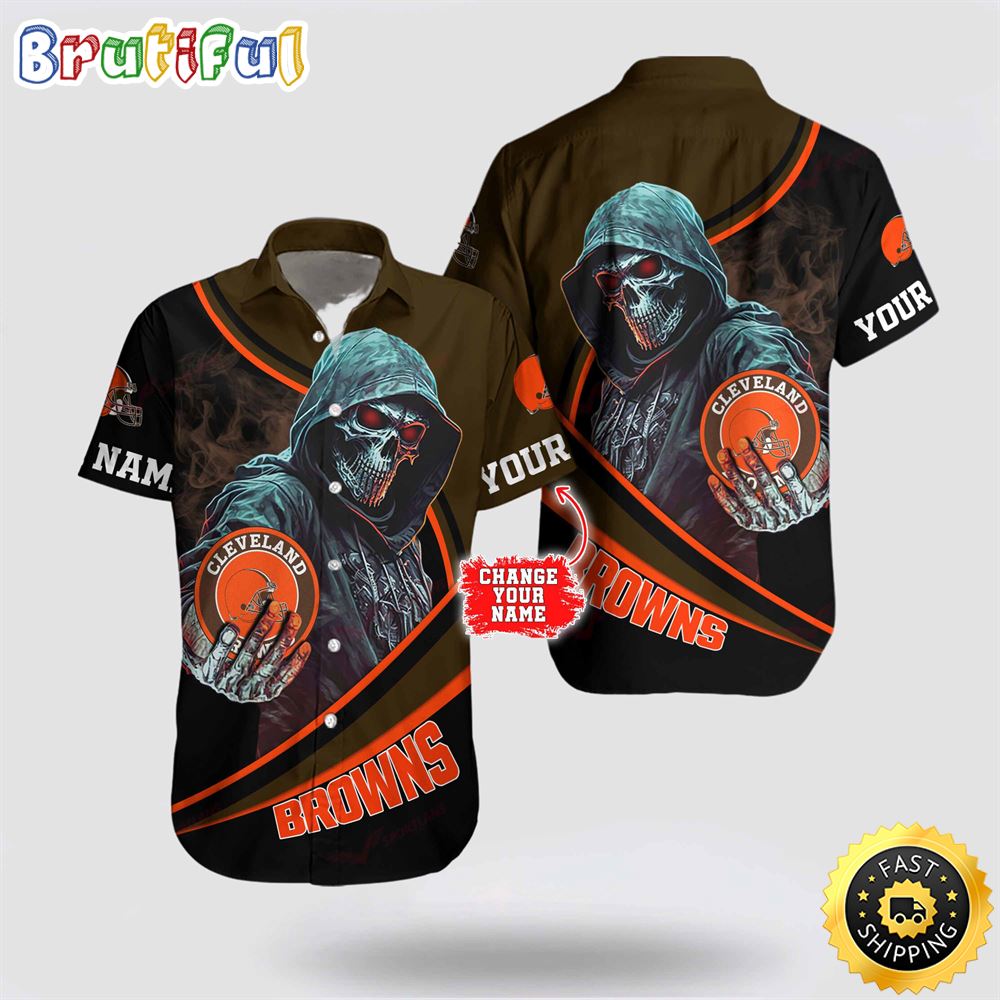 NFL Cleveland Browns Hawaiian Shirt Custom Name Halloween Skull Tropical Team Spirit