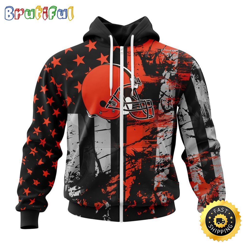 NFL Cleveland Browns Zip Hoodie 3D Classic Grunge American Flag Stylish Warmth For Fans