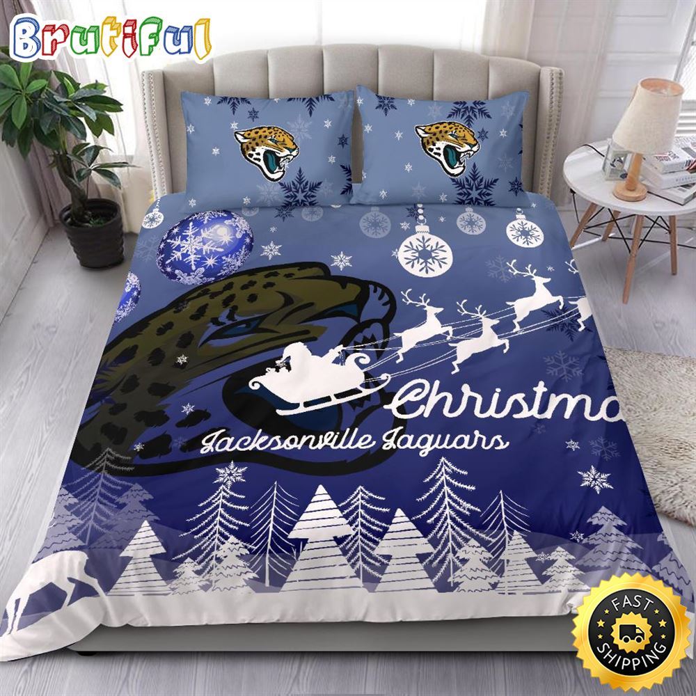 NFL Jacksonville Jaguars Bedding Sets Santa Claus Sleigh And Reindeer Christmas Bedding Sets Quilt Bedding Sets