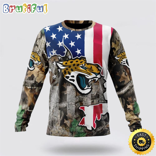 NFL Jacksonville Jaguars Crewneck Sweatshirt USA Flag Camo Realtree Hunting Show Your Team Spirit