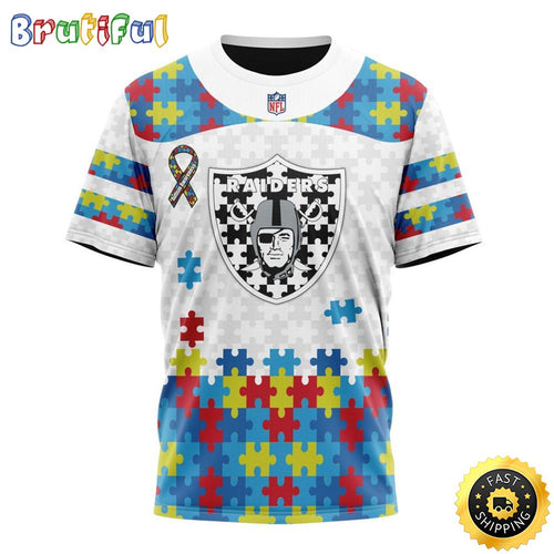 NFL Las Vegas Raiders All Over Print 3D T Shirt Autism Awareness Design Show Your Team Pride
