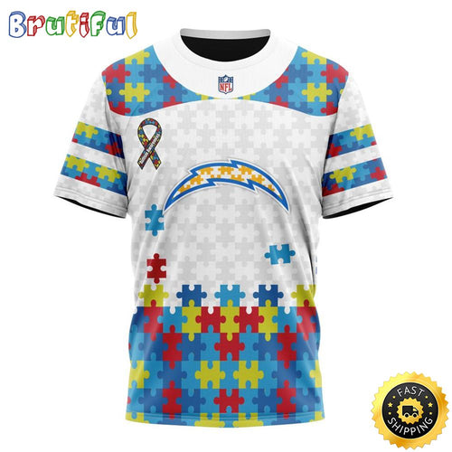 NFL Los Angeles Chargers All Over Print 3D T Shirt Autism Awareness Design Show Your Team Pride