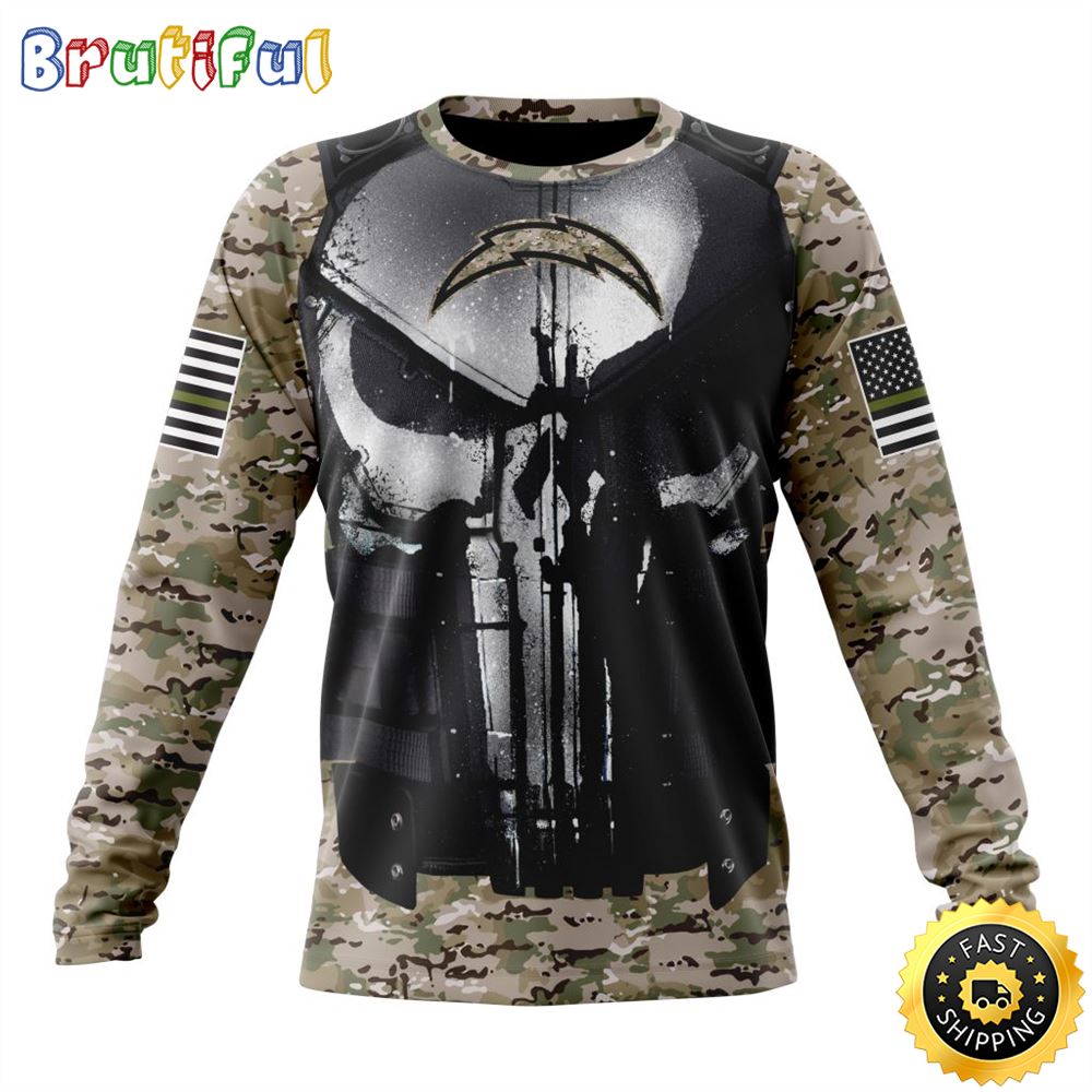 NFL Los Angeles Chargers Crewneck Sweatshirt Punisher Skull Camo Veteran Kits Represent Your Team