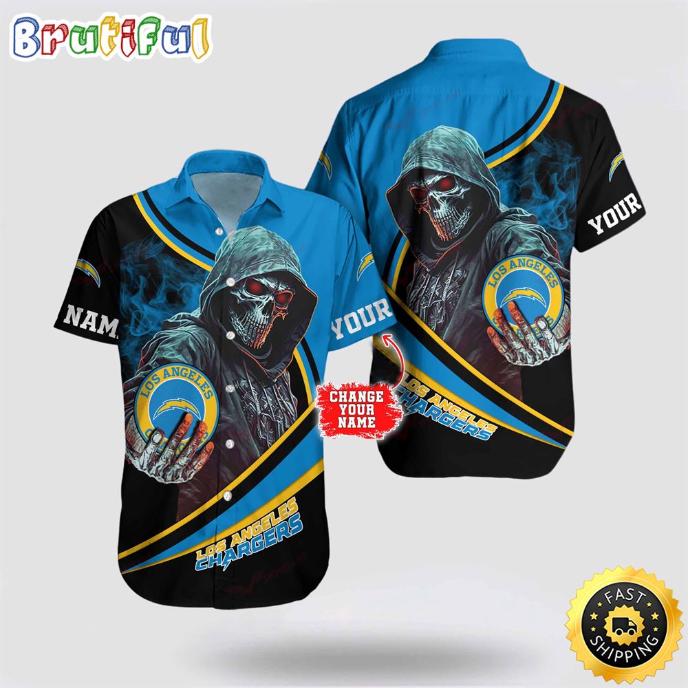 NFL Los Angeles Chargers Hawaiian Shirt Custom Name Halloween Skull Tropical Team Spirit
