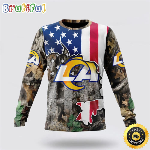 NFL Los Angeles Rams Crewneck Sweatshirt USA Flag Camo Realtree Hunting Show Your Team Spirit