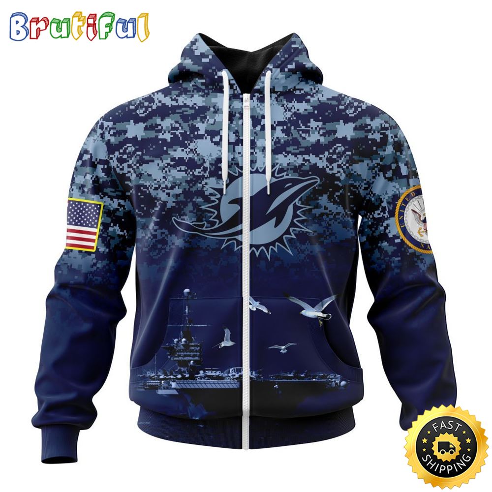 NFL Miami Dolphins Zip Hoodie 3D Honor US Navy Veterans Stylish Gear For Fans