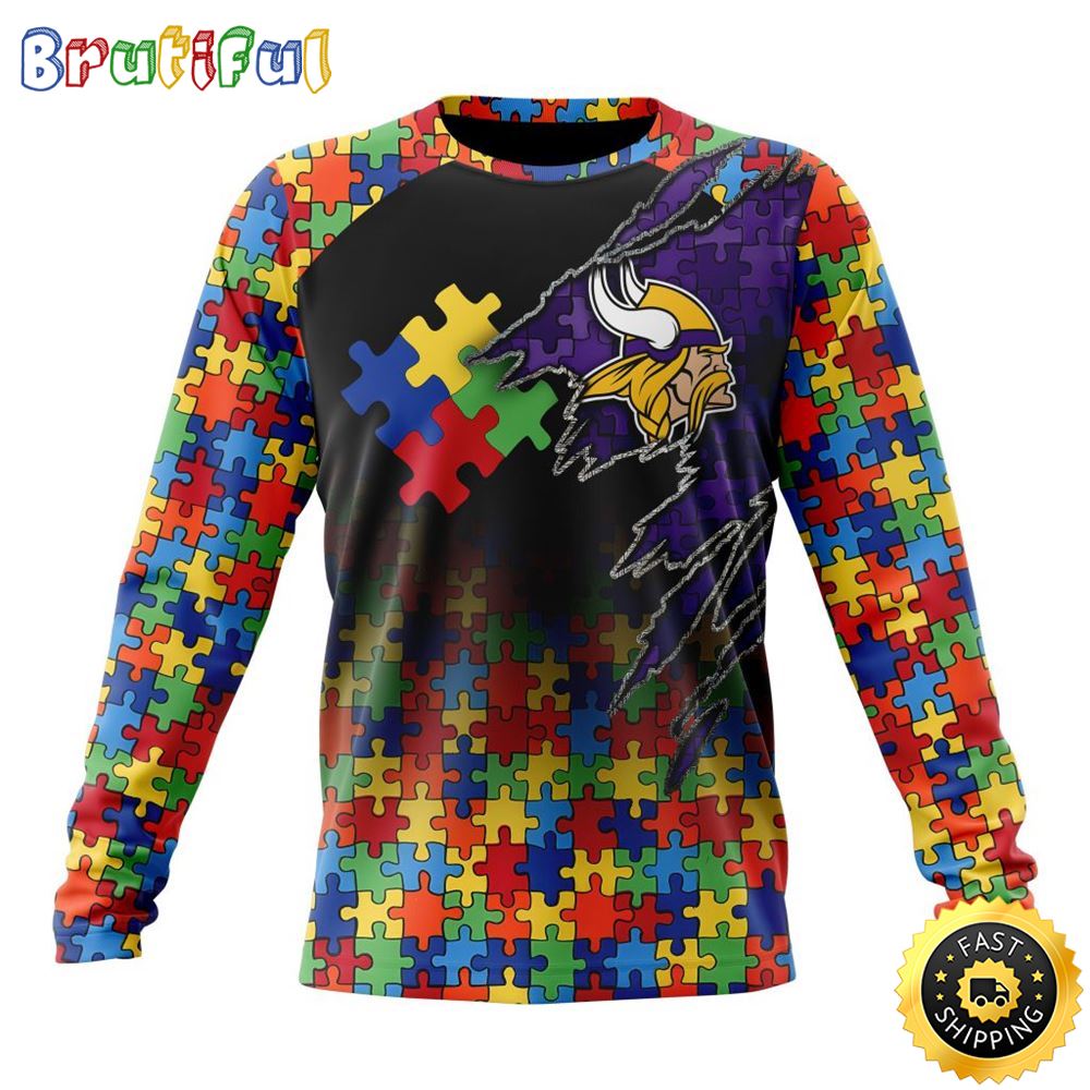 NFL Minnesota Vikings Crewneck Sweatshirt Autism Awareness Design Gifts For Survivors