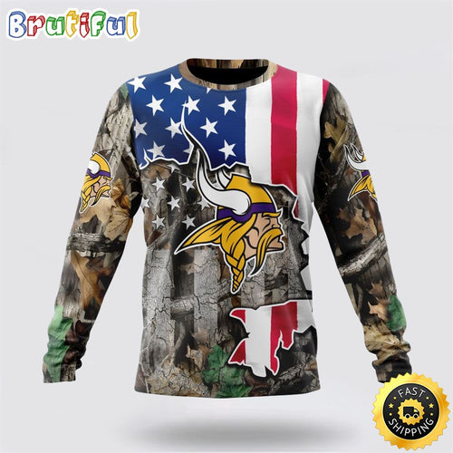 NFL Minnesota Vikings Crewneck Sweatshirt USA Flag Camo Realtree Hunting Show Your Team Spirit
