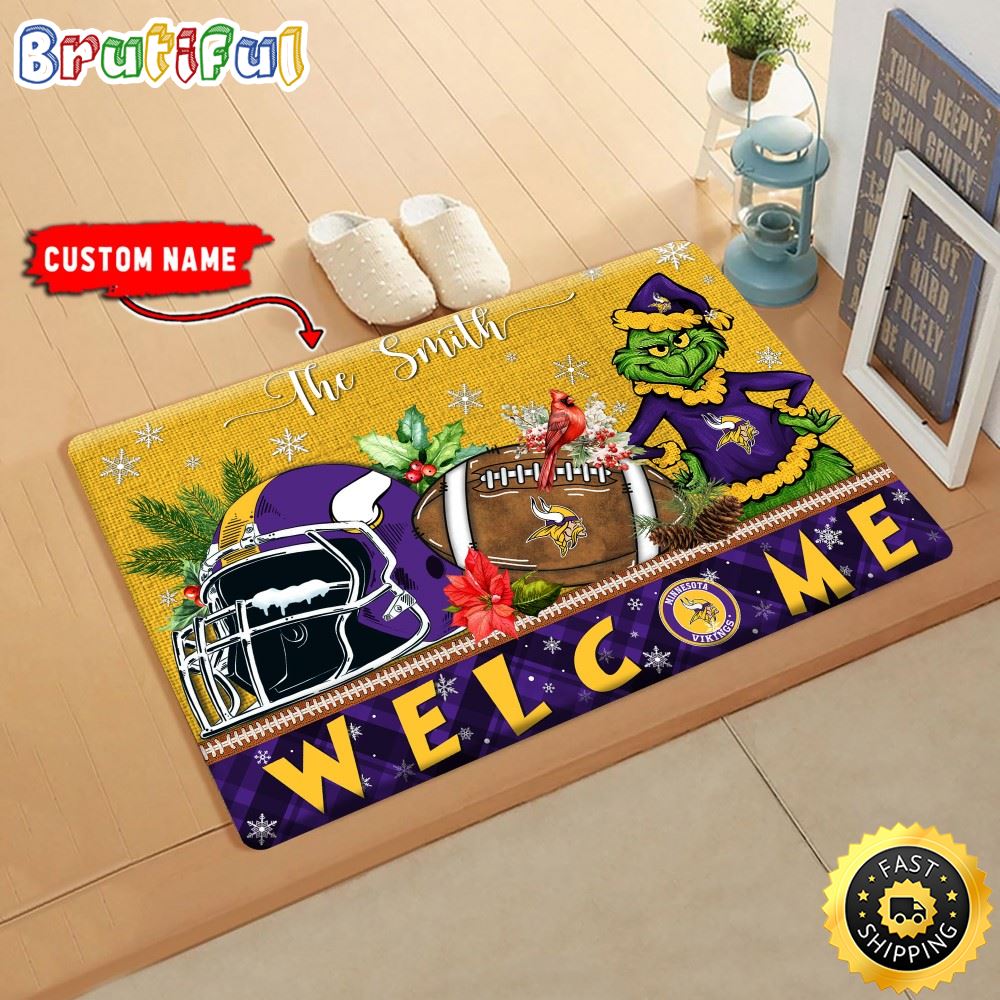 NFL Minnesota Vikings Doormat Grinch Christmas Welcome Custom Name Football Doormat