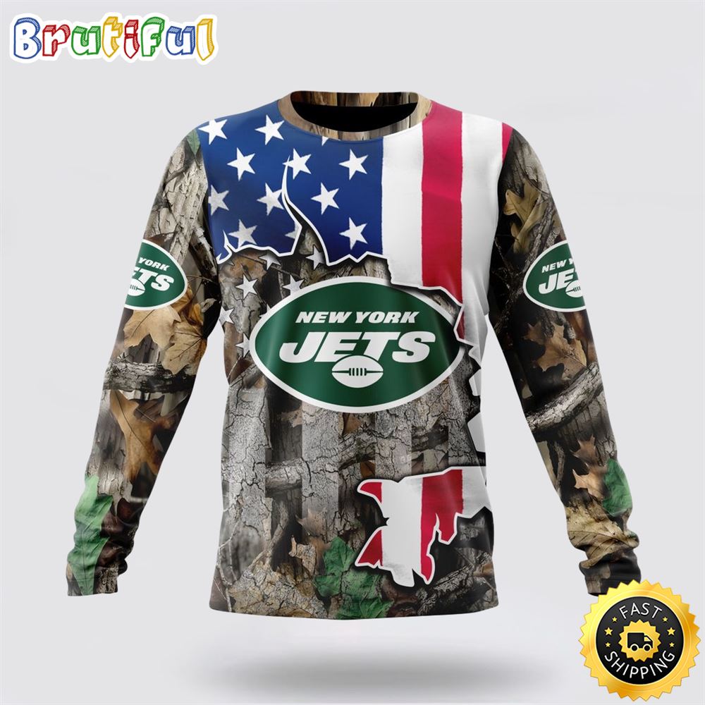 NFL New York Jets Crewneck Sweatshirt USA Flag Camo Realtree Hunting Show Your Team Spirit