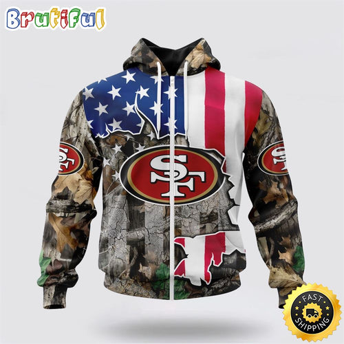 NFL San Francisco 49ers All Over Print Zip Hoodie 3D USA Flag Camo Realtree Hunting Unisex Hoodie