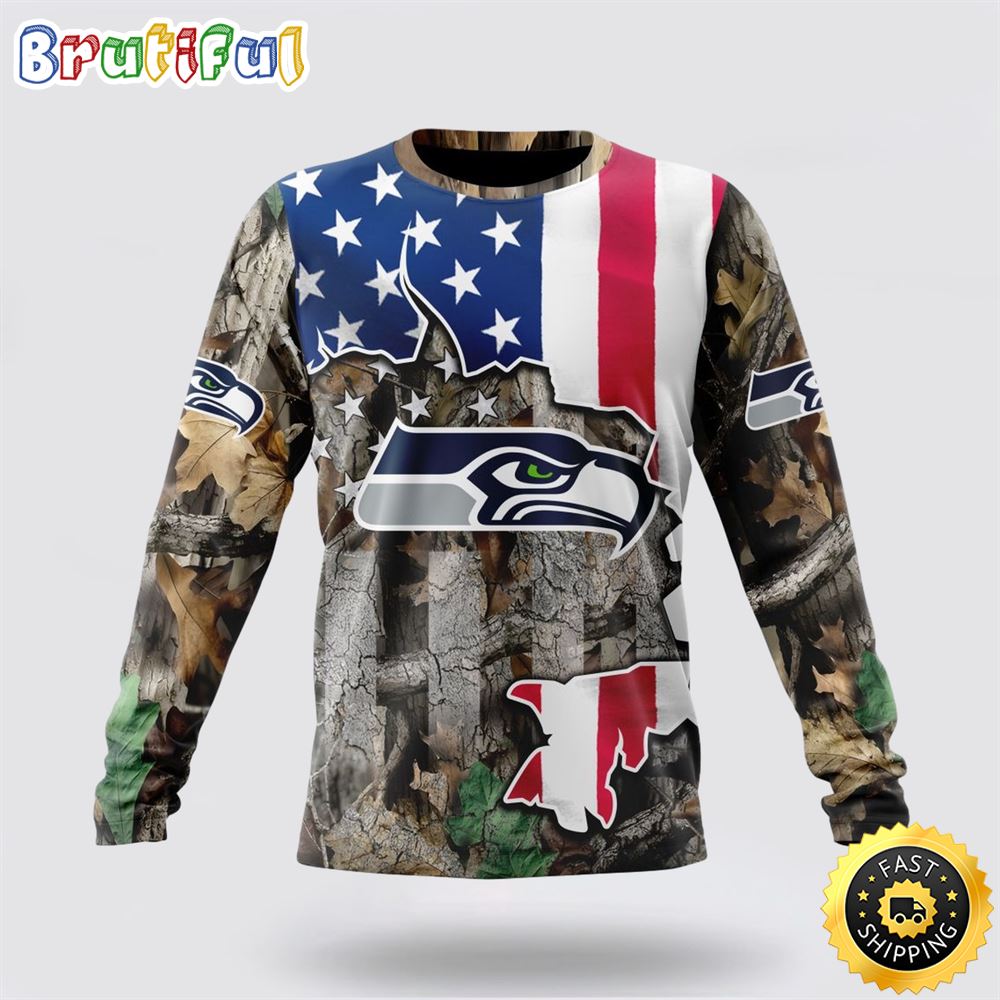 NFL Seattle Seahawks Crewneck Sweatshirt USA Flag Camo Realtree Hunting Show Your Team Spirit