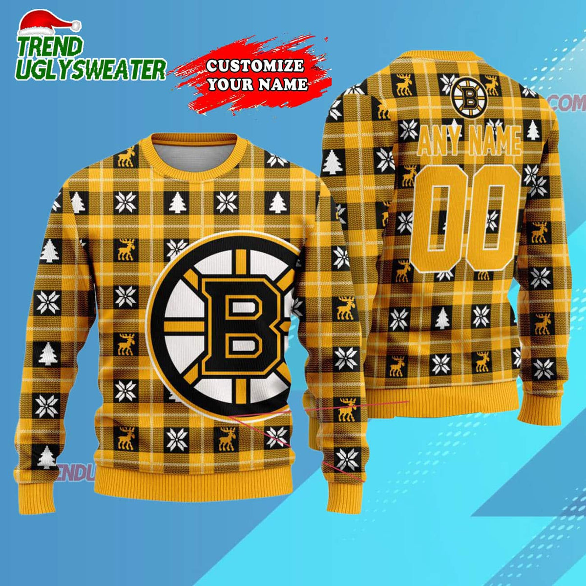 NHL Boston Bruins Personalized Snow Tree Ugly Christmas Sweater