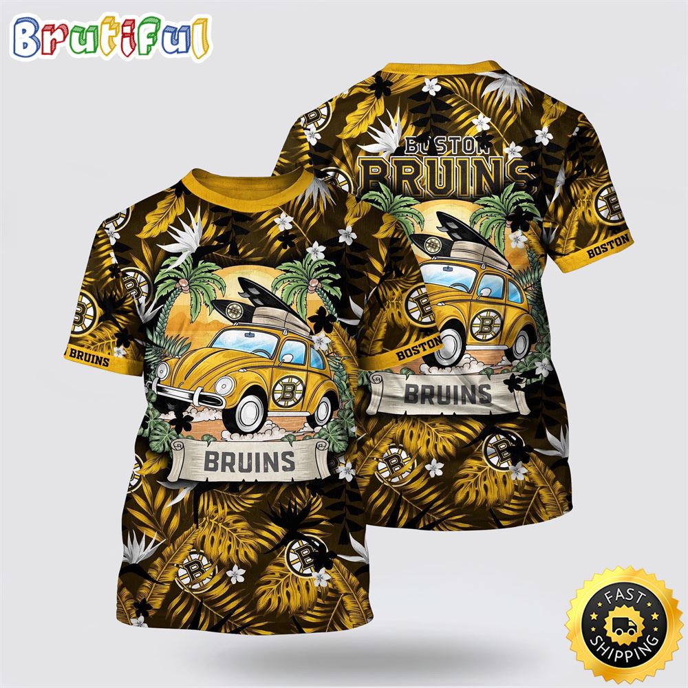 NHL Boston Bruins All Over Print T Shirt Tropical Forest Motif Car Traveling Summer T Shirt
