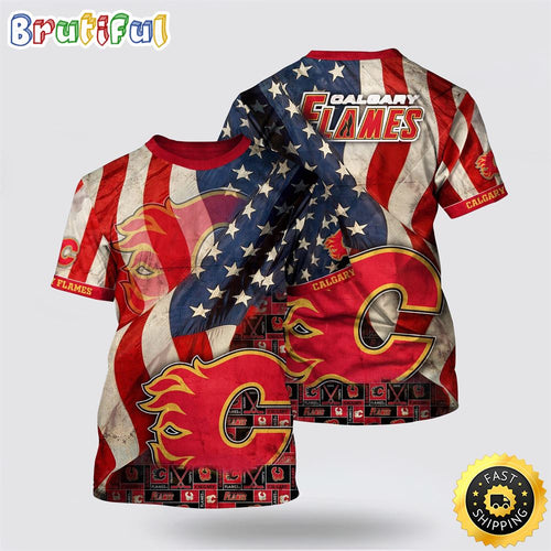 NHL Calgary Flames All Over Print T Shirt With American Flag Pattern Summer T Shirt
