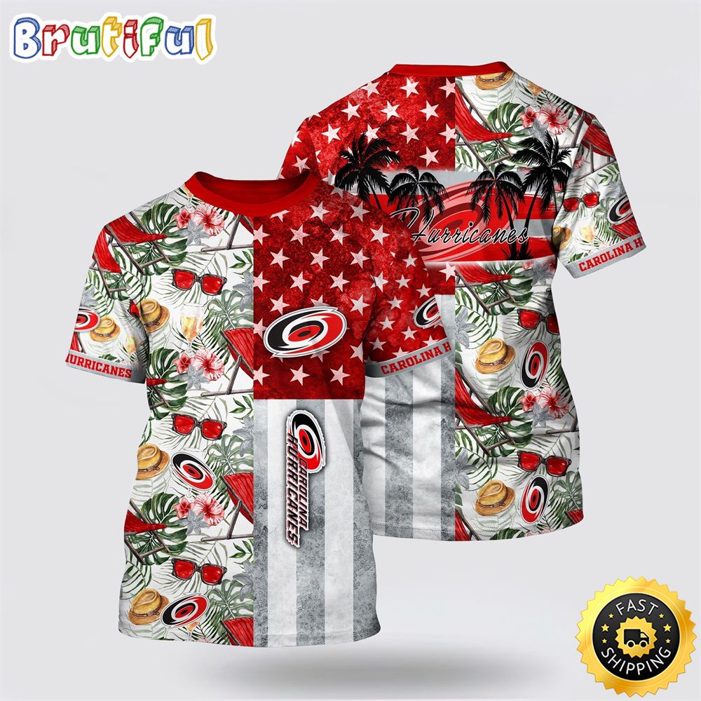 NHL Carolina Hurricanes All Over Print T Shirt Tropical Hat And Glasses Pattern Summer T Shirt