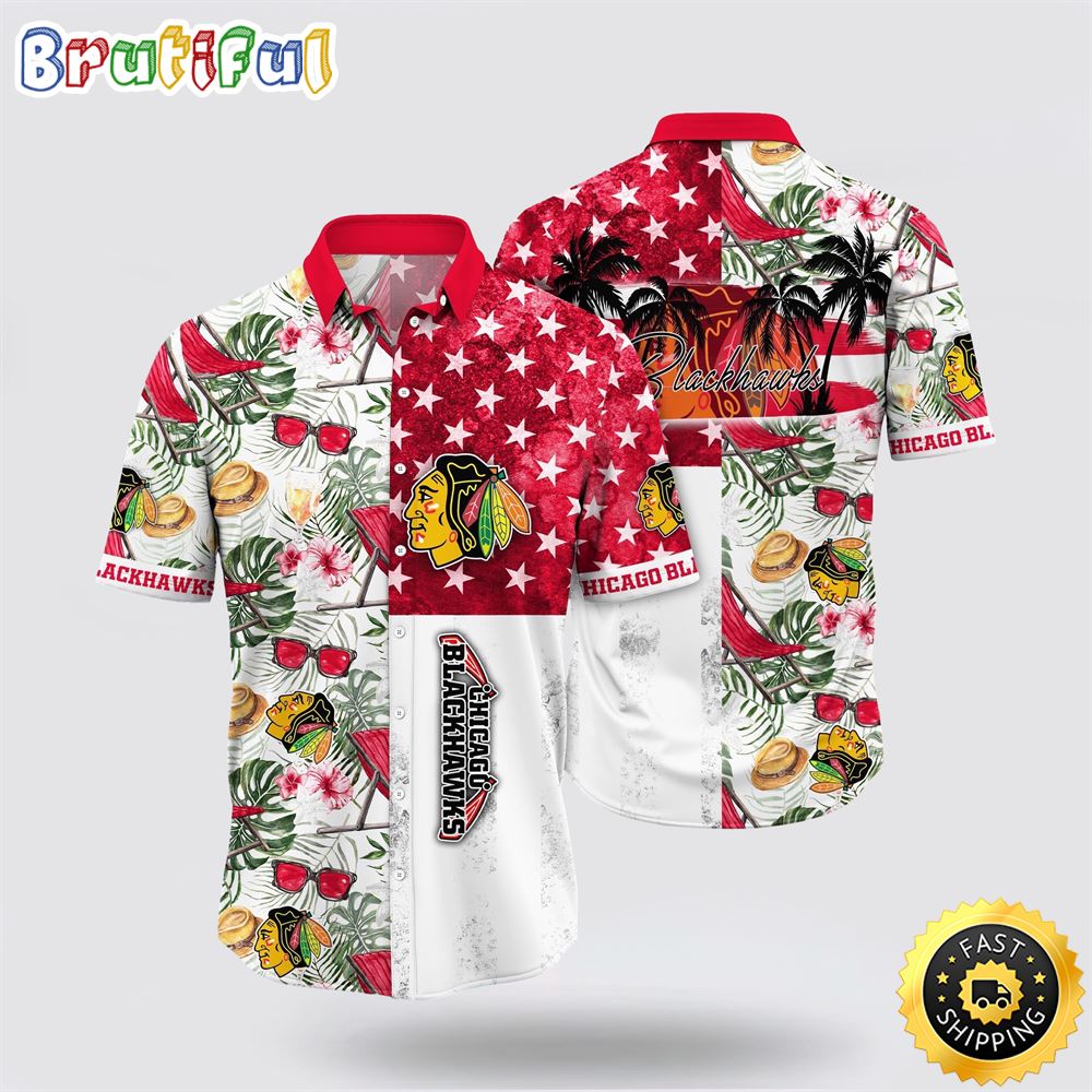 NHL Chicago Blackhawks Hawaiian Shirt Tropical Hat And Glasses Pattern Summer Hawaiian Shirt